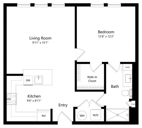 Floor plan for 1 bed, 1 bath, 738 sqft